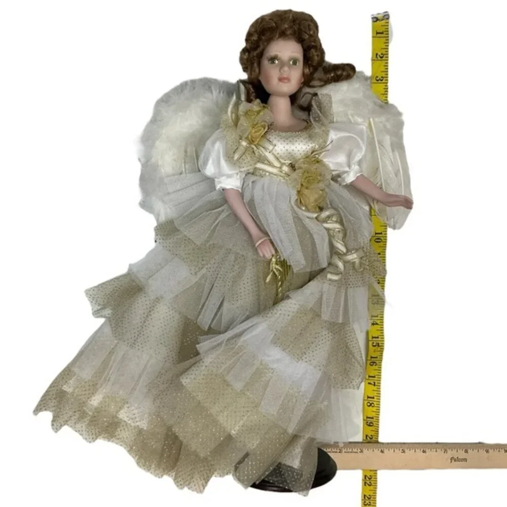 Vintage Porcelain Angel Doll 19” Brunette with Stand Gold White Lace Gown 1989